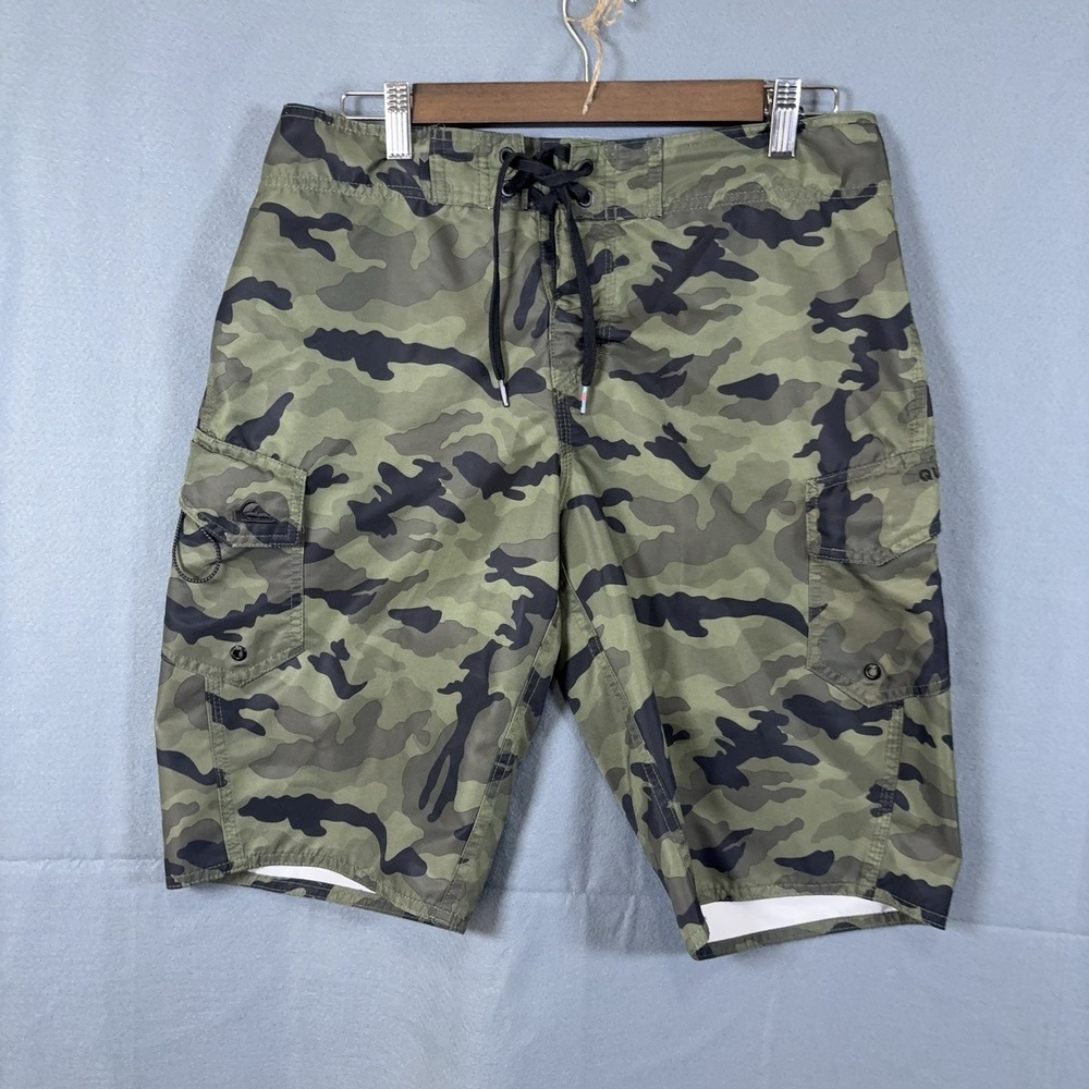 Quiksilver Camo Board Shorts‎ Mens Sz 30 Green Camo Drawstring Pockets Y2K